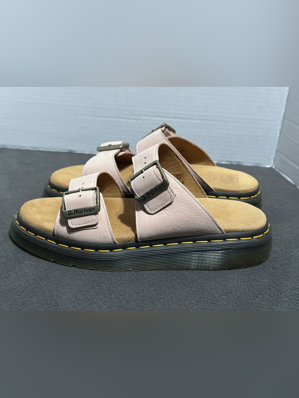 Dr. Martens Josef slide sandals in a Powder Pink Suede Double-Buckle Slide - Picture 4 of 9